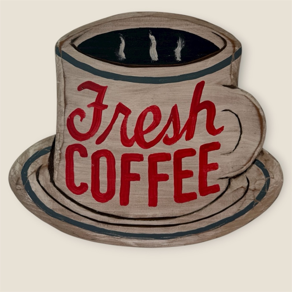 Handmade Rustic Coffee Cup Wall Decor - Red font coffee mug on saucer sign